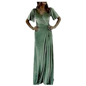 Baltic Born Light Sage Green Velour Short Flutter Sleeve Maxi Wrap Dress XS